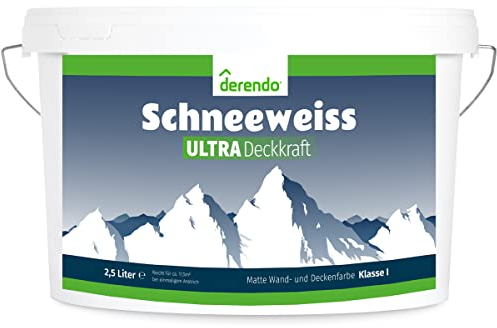 derendo Schneeweiss ultra Wandfarbe weiß matt, höchste Deckkraft 2.5l weiße wand ausbessern, streichen ohne tropfen für innen geruchsneutral 2,5 Liter