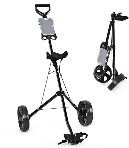GYMAX 2 Wheel Golf Cart, Lightweight Folding Golf Trolley with Scoreboard, Steel Golf Push Pull Cart (Black)