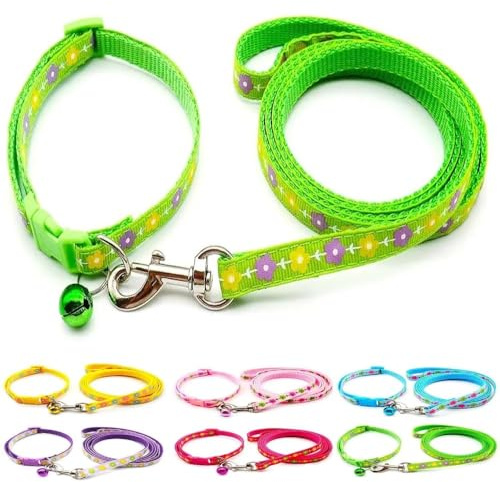 Doggie Style Store Halsband und Leine für kleine Hunde und Welpen, Blumendesign, Nylon, verstellbare Größe, 19–32 cm, Halsband mit Glöckchen und 120 cm Leine, Grün