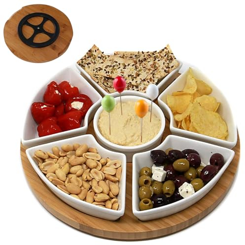 PLATEYTR Bandeja Aperitivos con Tapa, Juego de 6 Fuentes + Bandeja giratoria de bambú + Tapa de bambú + Tenedor de Fruta, 6 Fuentes de Porcelana Blanca y una Bandeja de bambú (29 x 29 x 5 cm)