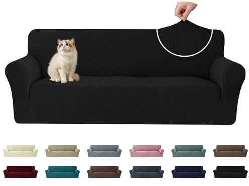 Ystyle Stretch Sofabezug 3 Sitzer, Sofa Überzug Mit Armlehnen, Schwarz | Elastisch Sofaüberzug, Durable Waschbar Couch bezug, Kratzfester Antirutsch Sofa Cover Für Hunde Katzen Und Haustiere