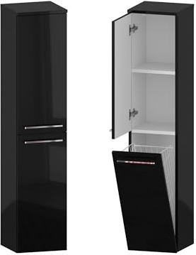 Furni Rosen Bad Hochschrank Schwarz mit Chromgriffen und Wäschekorb, Badschrank Hochschrank für Badezimmer, Badezimmerschrank – Modernes Design & Raumwunder
