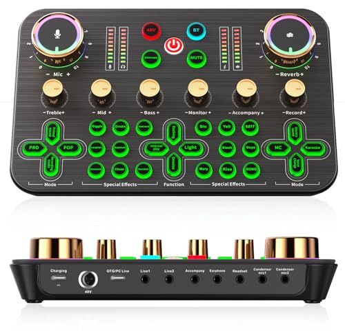Facmogu K600 Gaming-Audiomixer, DJ-Mixer mit integrierter 48-V-Phantomspeisung, Streaming-Audiomixer mit XLR-Mikrofonunterstützung, Live-Soundkarte für Telefon, PC, Live-Streaming und Podcasting