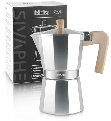 Sivaphe Stovetop Coffee Maker 450ml/9 Cups, Aluminium Moka Pot Italian Espresso Maker with Heat-Resistant Handle, Silver