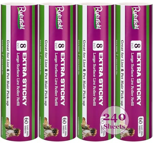 8 inch Lint Roller Refill for Scotch-Brite Extra Sticky Large Surface Lint Roller for Pet Hair, Pack of 4 Refills, 60 Sheets Per Refill, 240 Sheets Total