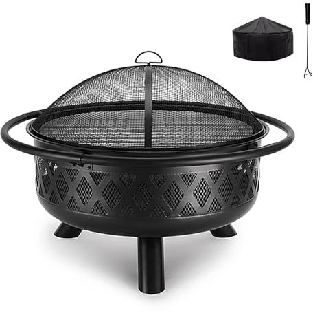Poêle À Bois de Camping Portable, Réchaud Camping avec Couvercle en Maille, Filet À Griller et Rebord, Grande Capacité pour Chauffer et Cuisiner