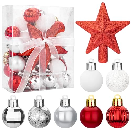 Weihnachtskugeln 30 Stück Mini Weihnachtsbaumkugeln Kunststoff, Rot Weiß Silber 3CM Christbaumkugeln Bunt Deko, Weihnachtsbaum Ornamente für Drinnen & Draußen, Hochzeit Party