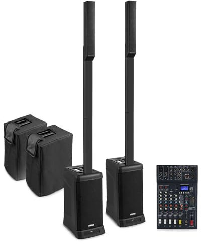 Vonyx VX820 Column PA System Pair with ClubXS6 Mixer, Active 800W Column Line Array Speaker System, Vocalist & Small Band Portable Audio Solution, DSP & Protective Covers Included