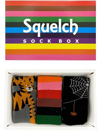 Squelch Childrens Sock Boxes For Welly Boots - Kids Colourful Socks for Wellies, Hiking or Skiing (Tiger Toes, Rainbow Stripes & Cobwebs (ages 6-8))