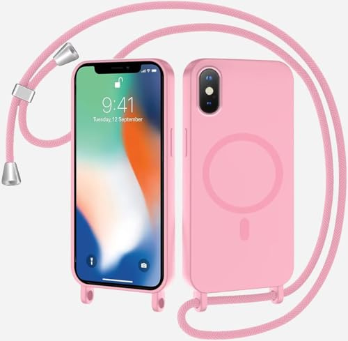 SLWYF Magnetische Handykette für iPhone X/iPhone XS Hülle mit Band, Handyhülle Kompatibel mit MagSafe, Silikon Seil Necklace Handyhülle PU Stoßfest mit Abnehmbar Kordel zum Umhängen Case - Rosa