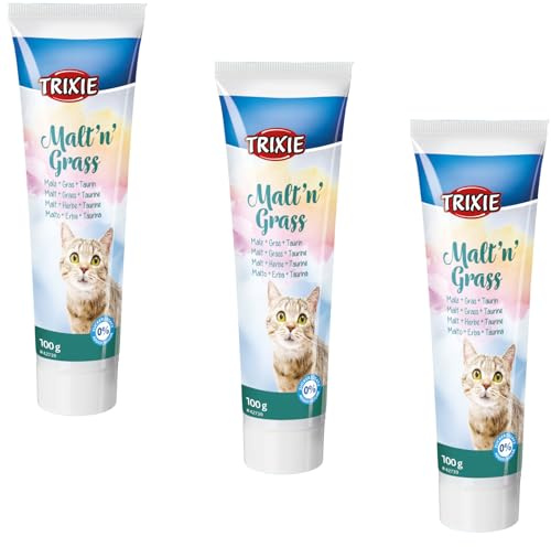 Trixie Malt’n’Grass Anti-Hairball | Pack de 3 | 3 x 100 g | Aliment complémentaire pour Chats | Favorise la Digestion et Aide à l’élimination des Poils ingérés | sans Sucre ajouté