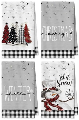 Artoid Mode Buffalo Plaid Snowflake Tree Merry Christmas Kitchen Towels Dish Towels, 42x65 cm Xmas Microfiber Cloth Kitchen Drying Decoration Set of 4