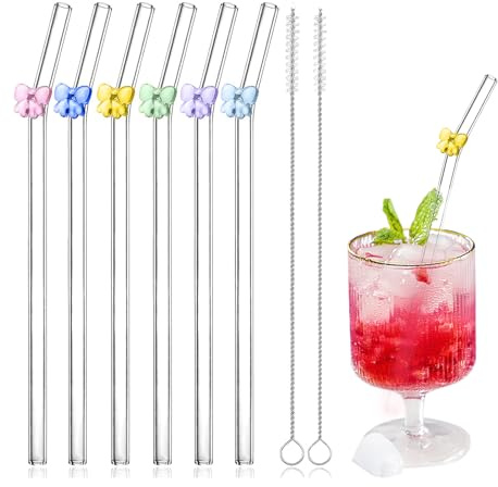 Ferizzia 6 Stück Glasstrohhalme, Glas Strohhalm Wiederverwendbar, Gebogenes Strohhalm mit 2 Bürsten, Öko GlasTrinkhalme mit Schmetterling, für Säfte, Cocktails, Kaffee, Milch, Smoothie, Clearwater