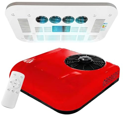 Climatiseur De Toit pour Camping-Car DC 12V/24V, Climatiseur De Stationnement, Compresseur De Climatisation Mobile pour Camionnettes, Véhicules Tout-Terrain, Camions, Camping-Cars,Red-12V