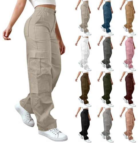 Pantalon Cargo Femme avec Multi Poches Taille Haute Pantalon de Travail Couleur Unie Décontracté Vêtements Sport Pants Taille Élastique Regular Fit Coupe Ample Élégant et Tendance