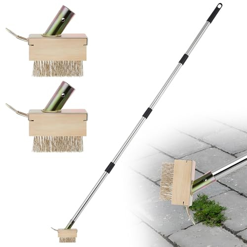 Weed Remove Brush, 2 in 1 Crevice Weeding Tool with 2 Weed Brush Heads and Long Steel Handle, Remove Weeds Moss Tool for Cleaning Patios, Block Paving and Driveway
