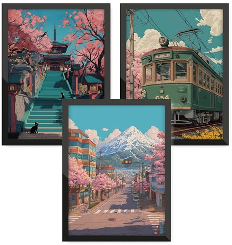 Donari Lot de posters japonais – Tableaux muraux avec motifs asiatiques | Kyoto, Tokyo & culture traditionnelle | Idée cadeau pour les fans du Japon (Set 3 - Manga x Tramway, 21x30 cm, Cadre noir)