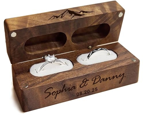 EDSG Personalized Wedding Ring Box 2 Slots, Flip Wooden Ring Holder, Engraved Ring Bearer Box with Names & Date (Design 6)