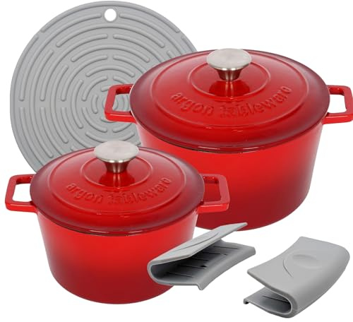 Argon Tableware Round Cast Iron Casserole Dish Set with Self-Basting Lid - 2.8L / 4.5L - Red Ombre - 2 Piece Induction Hob Cooking Dutch Oven Bread Baking Serving Roasting Stew Stock Pot Cookware