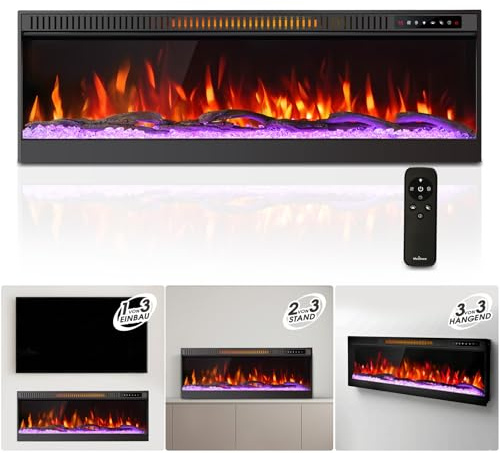 Mexhom 42in/106.88cm Ultradünner Elektrokamin mit Heizung ，Einbau & Wand | Elektrischer Kamin mit Panoramaview, geräuscharmem LED-Kaminfeuer in 12 Farben, Timer, Thermostat, Fernbedienung und Zubehör