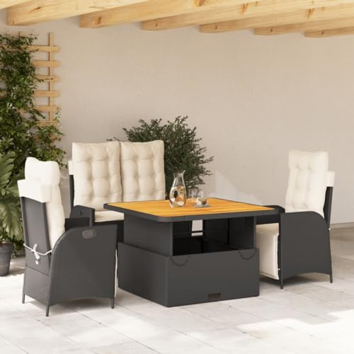 QJBSAVVA 4-TLG. Garten-Essgruppe Schwarz-Anthrazit 110 x 110 cm höhenverstellbarer Akazien-Tisch, PE-Rattan Sitzgruppe für Balkon, Terrasse und Camping, robust und UV-beständig
