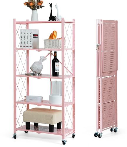BRIAN & DANY Klappbares Regal mit Rollen, 5 Etagen Faltbare Schwerlastregal, Metallregal Rosa, Lagerregal, Klappregal für die Küche, Büro, 65 x 34 x 150 cm