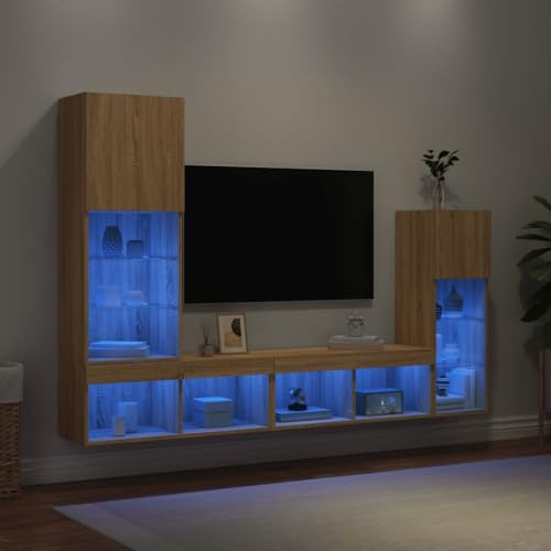 Mimdixy Armoire TV, table TV, buffet salon, 4 pièces. Mur de salon avec éclairage LED - Matériau bois de chêne pour chambre à coucher, salle familiale, peu encombrant