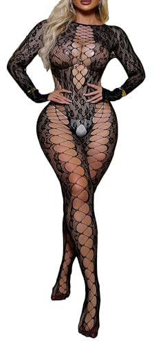 XIUSEMY Woman Bodystockings Leopard Print Lingerie for Women Sexy Lace Jumpsuit Full Body Bodysuit Rave Outfits(Black)