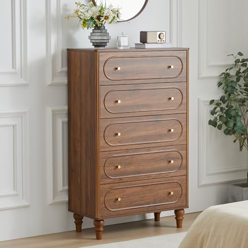 ORRD Fluted 5 Drawer Dresser for Bedroom, Mid Century Modern Chest of Drawers, Wood Storage Large Dresser Organizer for Bedroom Living Room Hallway Closet, Walnut