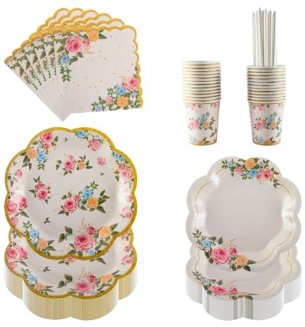 PHUNAT Vintage Floral Party Tableware Set for 25 Guests, Includes Paper Plates (7 & 9 inch), Cups, Napkins, Straws, Perfect for Afternoon Tea Party, Birthday, Wedding, Family Gatherings