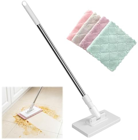Thhiit Automatic Cloth Changing Mini Mop with 4 Reusable Cloths, Hands-free Lazy Mop for Wall Floor Bathroom Kitchen Cleaning