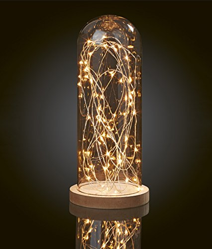 hellum Glasglocke mit Holzboden 30cm, Glasglocke mit Lichterkette, 60 warmweiße LEDs, batteriebetrieben (3xAA nicht inkl.), ø13 x H 30cm, Deko mit Tauperlenlichterkette,Valentinstag 522792