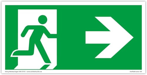 Schild Notausgang | extra langnachleuchtend | PVC selbstklebend 297x148mm | gemäß ASR A1.3 DIN 7010 DIN 67510 | Notausgangsschild Pfeil rechts | Fluchtwegschild Rettungsweg | Dreifke® extra 160