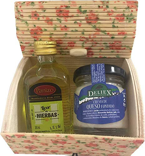 Lote de licor de hierbas Panizo y tarro de queso de oveja y vaca Deliex en baúl floreado de madera (Pack 24 ud)