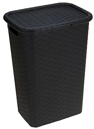 Wäschekorb mit Deckel Rattan - Wäschebox in Flechtoptik 65 L - Wäschesammler Kunststoff mit seitl. Griffen - Platzsparende Wäschesammelbox für Badezimmer & Wohnräume - Wäschetonne anthrazit