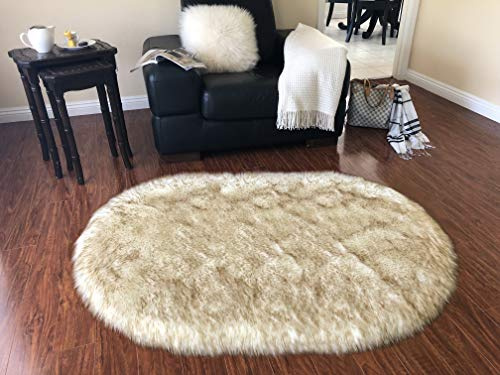 LAMBZY Faux Sheepskin Hypoallergenic Oval Silky Shag Rug, Luxury Shaggy Silky Plush Carpet for Bedrooms Rugs Living Room Kids Rooms Sofa Floor Rugs (2'x3',60x90 cm, Brown Tips)