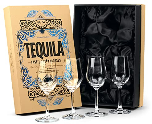 GLASSIQUE CADEAU Kristall Tequila Verkostungs Gläser | 4er Set | 160 ml Tasting und Nosing Gläser für Joven, Reposado, Anejo Tequila, Schnapps, Aromatische Spirituosen, Likör