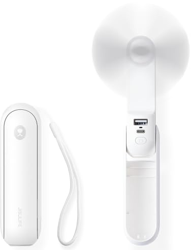 JISULIFE Handventilator, 3 in 1 Ventilator, Powerbank, Taschenlampe, Weiß | Mini-Kühlgerät, klein, handlich für unterwegs, 19 Stunden Akkulaufzeit, automatische Abschaltung, Sicherheitsklinge