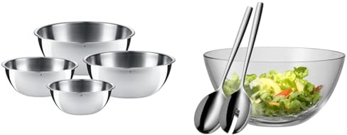 WMF Gourmet Schüsselset 4-teilig, Edelstahl Schüsseln für die Küche 0,75l - 2,75l & Taverno Salatschüssel Set 3-teilig, Salatbesteck 25 cm mit Salatschale, runde Schale 23,5 cm, Glas, 43 x 30 x 30 cm