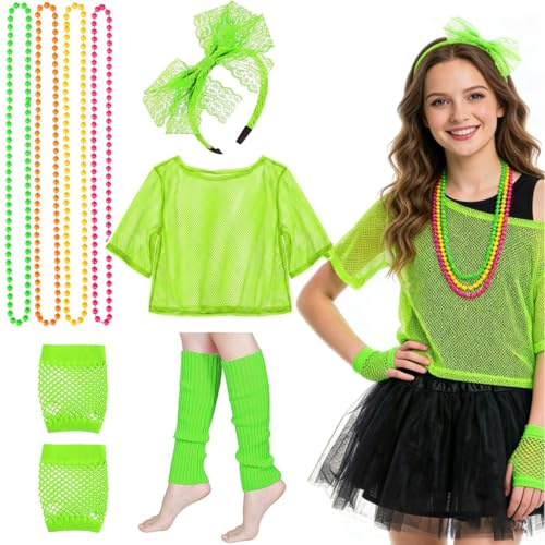 iZoeL Netzshirt Netzoberteil Netztop 10tgl. 80er Jahre Outfit Accessoires Haarreif Halskette Handschuhe Beinstulpen 80er Damen Kostüm Neon Shirt Halloween Karneval Cosplay Party