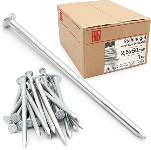LUN FIX Stahlnägel 2,5x50 mm, 1kg ca. 520 stk., Nägel Verzinkt, Senkkopf | 50 mm Lang, Nagel Set, Stahlstifte Für Holzarbeiten, Reparatur Und Heimwerken, Vielseitige Nails Anwendungen Aus Stahl