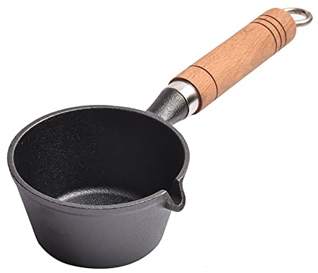 UPTALY Φ 4.3 inch Mini Cast Iron Butter Warmers (8.5 oz), with Wood Handle, No Coating, Small Omelet Pans with Spout, Milk Pot, Portable Egg pan for Camping, Black Miniature Saucepan