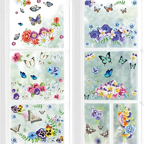 PLIGREAT 8 Sheets Pansy Flowers Butterfly Window Stickers, Static Decals Colorful Removable Clings for Home, Kitchen & Indoor Windows