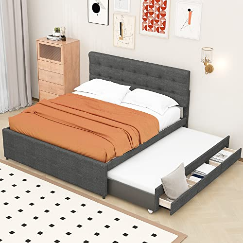 Kayan Doppelbett 140x200cm, Polsterbett Ausziehbett mit Ausziehfunktion, DREI Schubladen, Lattenrost, Verstellbares Kopfteil, Familienbett Ausziehbares Bett 200x140cm (Grau)