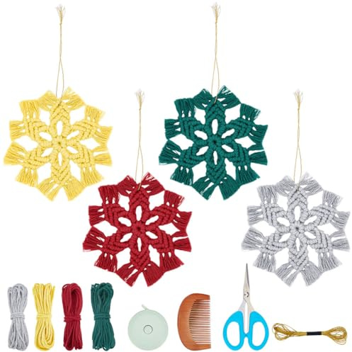 INFUNLY 4 Set DIY Makramee-Ornamente Weihnachten Schneeflocken-Makramee-Set Weihnachtsbaum-Hänge-Schneeflocken-Ornamente DIY Handgefertigtes Makramee-Set Wandbehang-Charms-Herstellungsset