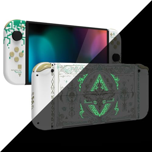 eXtremeRate Full Hülle für Nintendo Switch OLED Joy Con/Console, Custom Case Shell & Buttons & Kickstand Set, DIY-Ersatz Abdeckung für Switch OLED Joycon/Konsole-Totem of Kingdom Weiß