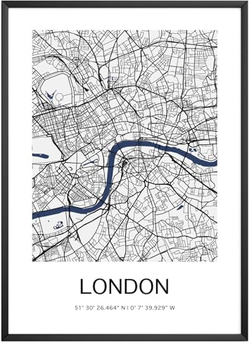 MJ-Graphics - Stadtkarte-Poster London - Bild mit schöner Karte & Koordinaten | Wandbild Din A4 in Galerie Qualität mit extra dickem 300g Posterpapier - FineArt Kunstdruck ohne Bilderrahmen