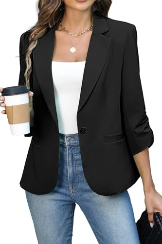 ELLEVEN Womens Blazer Business Casual Suit Jacket Slim Fit Fitted Ruched 3/4 Sleeve Petite Crop Blazer Dressy Full Lining Lightweight Outfits Coat Cardigan with Padded Shoulder Black Medium