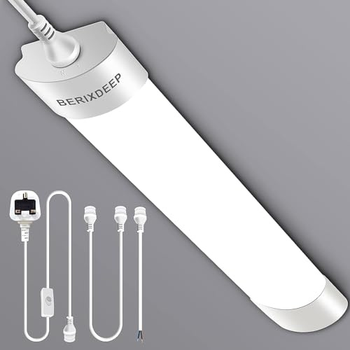 BERIXDEEP LED Batten Light 2ft, Plug and Play, 3m Cable, 6500K, Daylight | Interconnectable Plug in Strip Light for Garage ,Workshop, Office, Shed, Cupboard, 60cm 18w