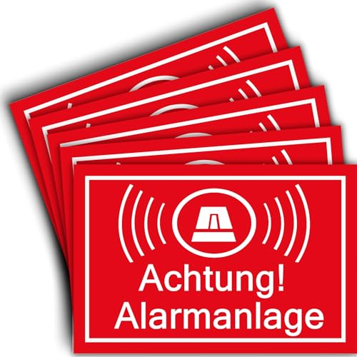 5 Stück - Alarmgesichert Schild 20 x 14cm - 3 mm stark - Achtung Vorsicht Alarmgesichert - Hinweis Hinweisschild Alarm - Haus Gebäude Objekt - Alarmanlage - Einbruchschutz